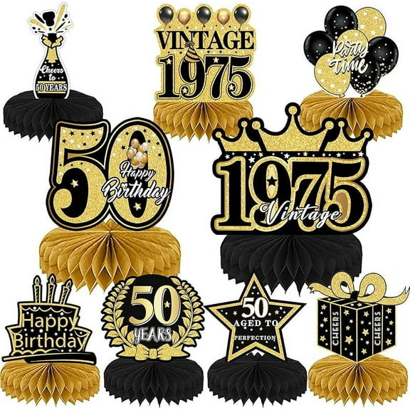 9Pcs 50th Birthday Decorations - Black Gold 50th Birthday Party Decorations for Men Women Vintage Table Decor Supplies Honeycomb Centerpieces Happy 50 Years Birthday Decoration Decor