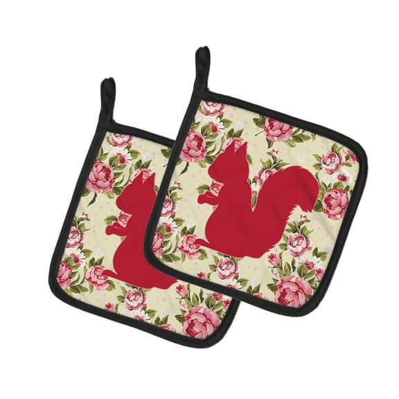 Squirrel Shabby Chic Yellow Roses Pair of Pot Holders