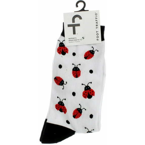 Foot Traffic Women's Socks, White & Black, Lady Bugs, Size 4-10, 2 Ct