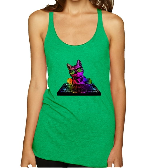 Wild Bobby, Neon Retro Rainbow DJ MC Hip Hop Cat | Womens Cat Lover Premium Tri-Blend Racerback Tank Top, Envy, X-Large
