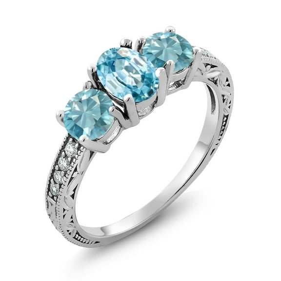 Gem Stone King 3.07 Ct Oval Blue Zircon 925 Sterling Silver Moissanite Ring (Size 9)