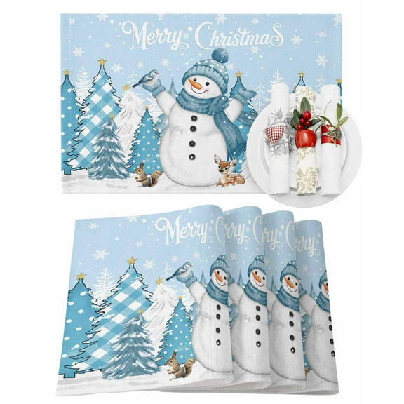 Christmas Placemats Set of 6, Blue Snowman Place Mats Merry Christmas Pine Tree Snowflake Placemat Table Decoration for Kitchen Table Dinner Xmas Holiday Party Home Decor Indoor Outdoor 13x19 Inch