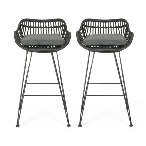 Lisa Outdoor Wicker Barstools with Cushions (Set of 2)