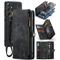 Dteck Wallet Case for Samsung Galaxy S24, Zipper Purse Folio Leather Wallet with Card Holder Wrist Strap Detachable Magnetic Shockproof Protective Back Case for Samsung Galaxy S24 5G, Black