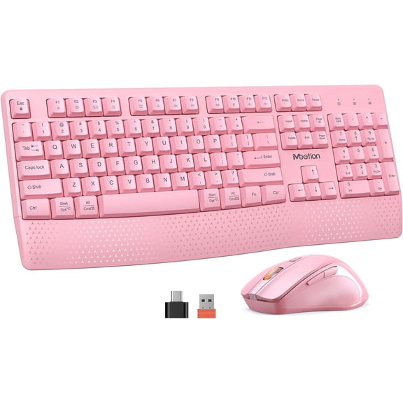 Wireless Keyboard and Mouse, Full-Sized Cordless Keyboard with Wrist Rest, 3 DPI Adjustable Mouse, Keyboard and Mouse Set with 2.4GHz USB Receiver, for PC/Computer/Laptop/Windows/Mac, Pink