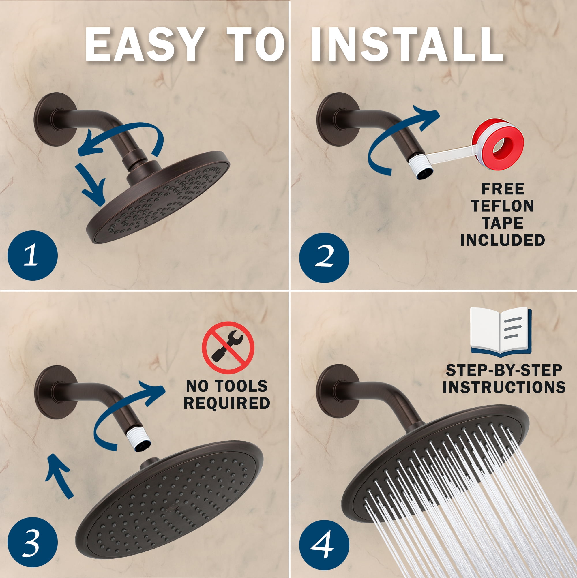 Aqua Elegante Waterfall Shower Head for High Flow Rain Showers - 2.5 GPM - Oil-Rubbed Bronze