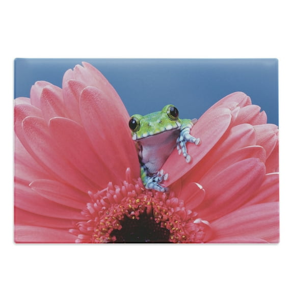 Animal Cutting Board, Tiny Little Tree Frog on Gerbera Flower Nature Moments Shoots Art, Decorative Tempered Glass Cutting and Serving Board, Large Size, Pink Green Blue, by Ambesonne