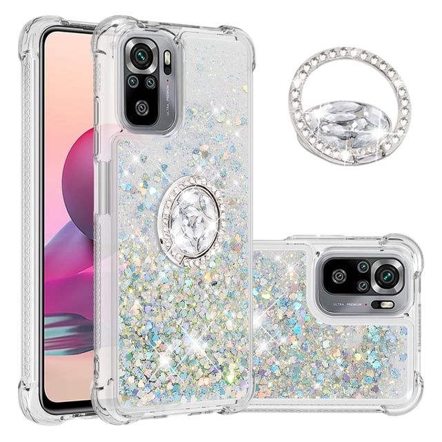 Funda para Xiaomi Redmi Note 10S 4G/Note 10 4G con Brillo Líquido Flotante, Purpurina, Parachoques y Anillo Giratorio Soporte