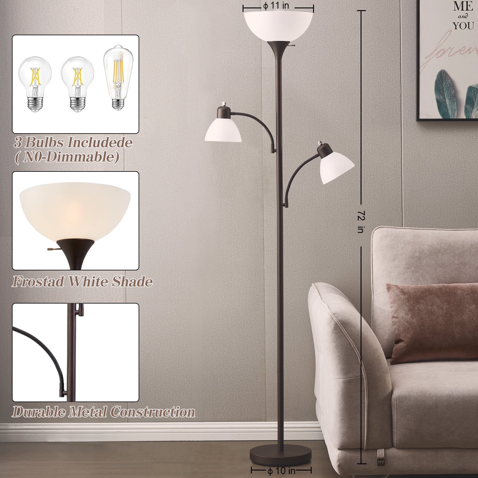 NATYSWAN Torchiere Floor Lamps for Living Room with 2 Reading Lamps, Modern Tall Standing Lamps, Industrial Bright Floor Lamp for Bedroom, Office, Dresser, 3 LED Bulbs Included
