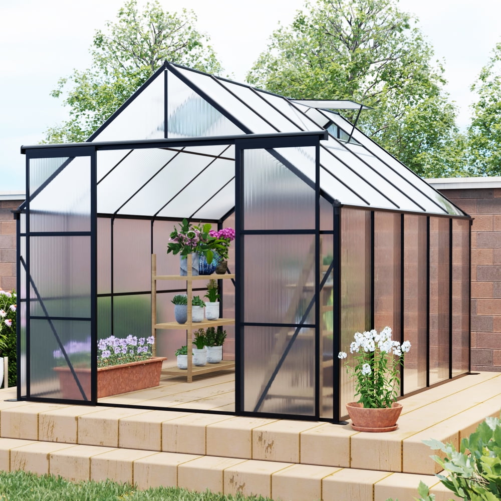 8x10FT Double Door Polycarbonate Greenhouse - Heavy-Duty Walk-In Design with Raised Base and Anchors. Perfect for Year-Round Gardening in Your Backyard. Stylish Black Finish for Every Season