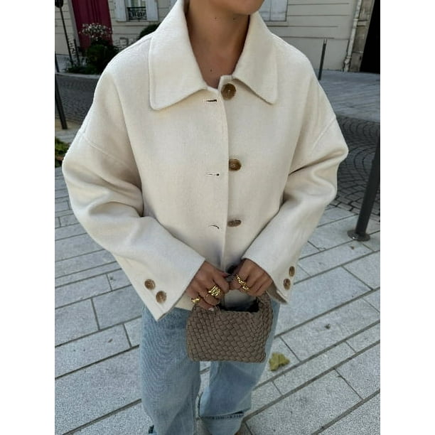 Chaquetas de mezcla de lana Lisa con solapa de un solo pecho para mujer, abrigo acolchado de manga larga, prendas de vestir exteriores de calle para oficina para otoño