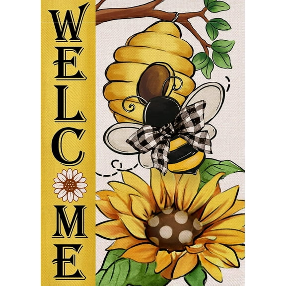 Welcome Spring Summer Bumble Bee Sunflower Decorative Garden Flag, Flower Honeycomb Yard Outside Decorations, Buffalo Plaid Bow Burlap Farmhouse Outdoor Small Home Decor Double Sided 12.5x18