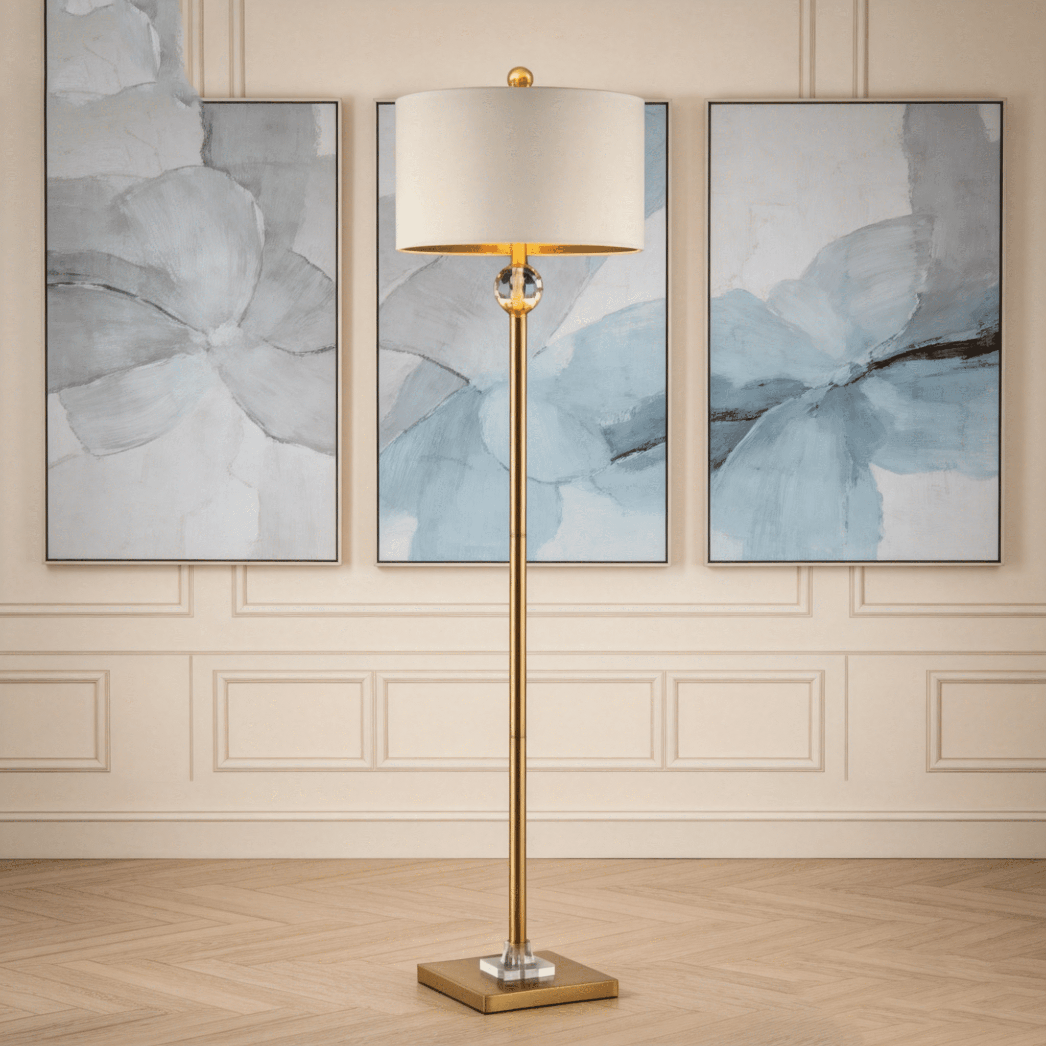 JERFIT Modern Crystal Orb Floor Lamp with Drum Shade, Gold Metal Column, LED Compatible for Living Room Bedroom