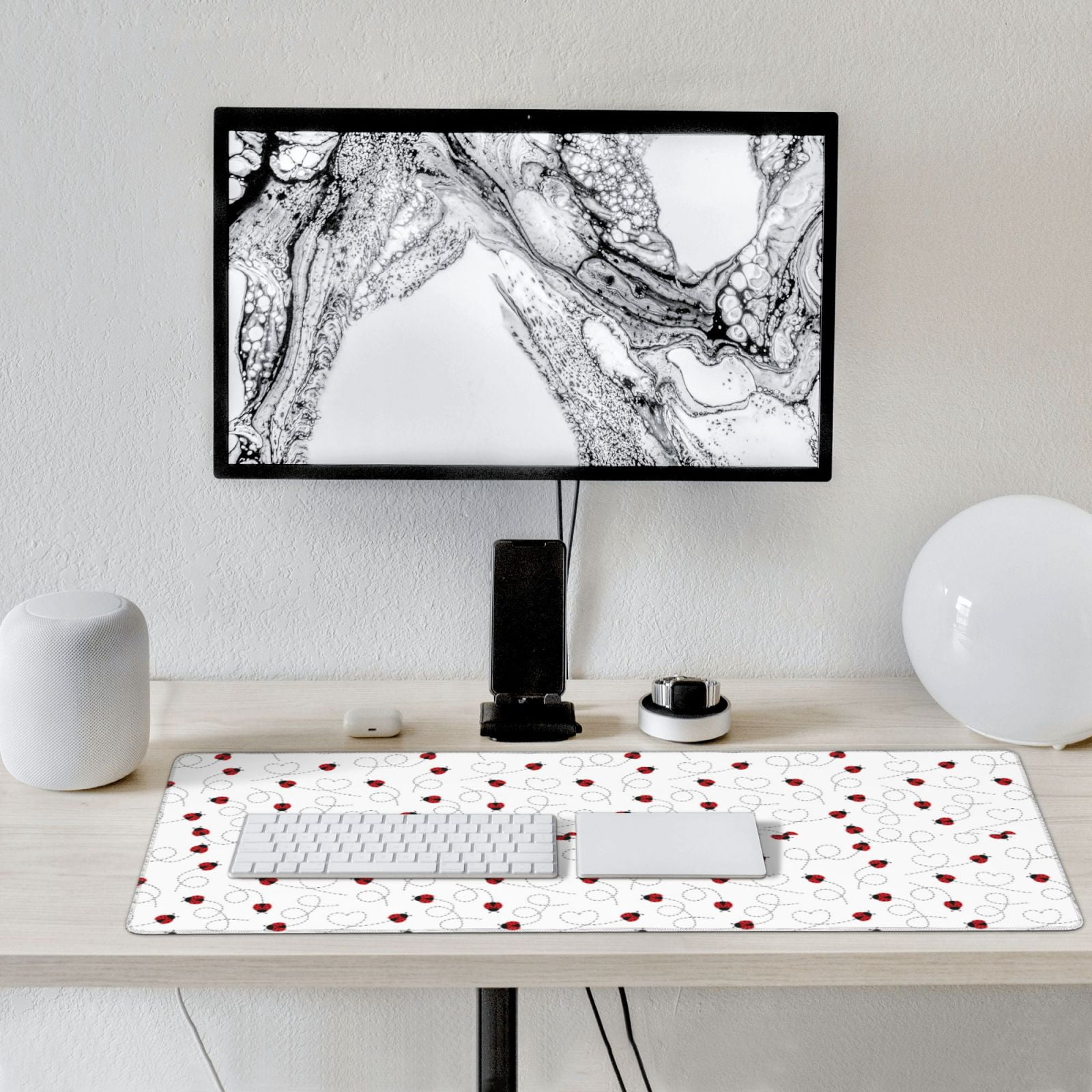 Xecao Ladybugs Flying On Dotted Route Print Large Mouse Pad, 16x35.5in Mousepad, Professional Non-Slip Rubber Base Big Mouse Pad, Mouse Pad for Gaming & Office Full Desk Mouse Pad