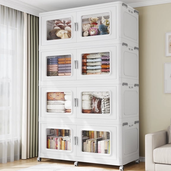 1200Qt Extra Large Stackable Storage Bins with Lid, 300Gal Collapsible Closet Organizer and Storage Drawers with Wheels, Plastic Storage Box, 4Packs, White