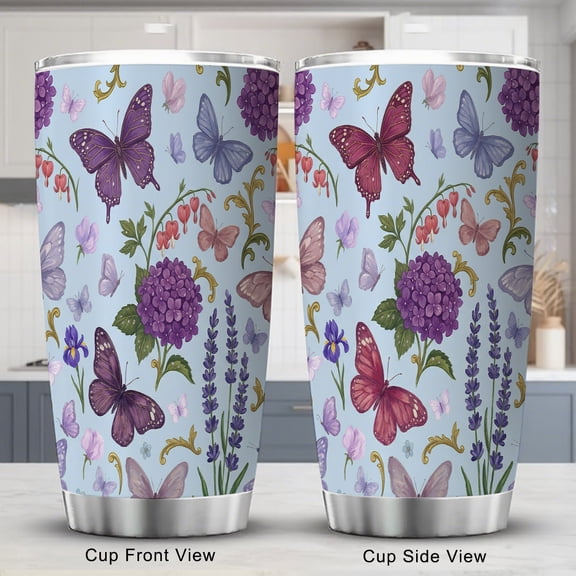 Butterfly Tumbler 20oz Travel Coffee Cup with Lid Purple Green Leaves Flower for Friend Holiday Birthday Party Favors Gift Women
