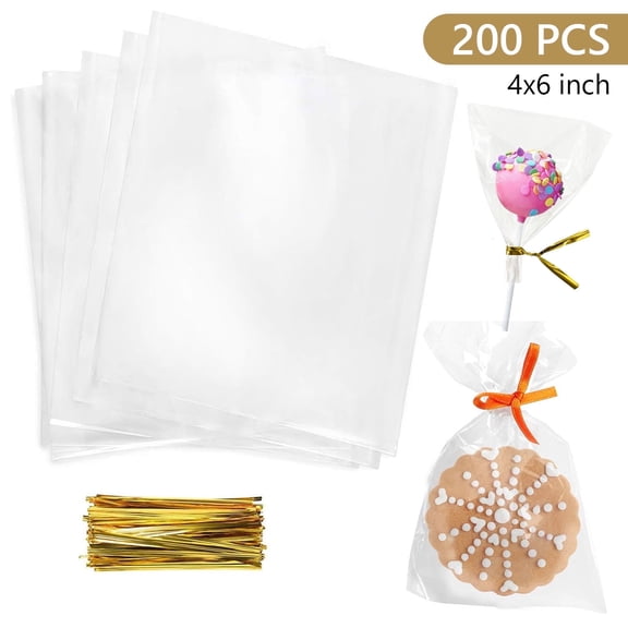 Tripumer 200 Pcs Cellophane Plastic Bags 4 X 6 inch Clear Plastic Cellophane Bags Treat Goodie Bags with Ties Plastic Clear Treat Bag for Party Favor Candy Cookie Popcorn Small Gift Wrapping