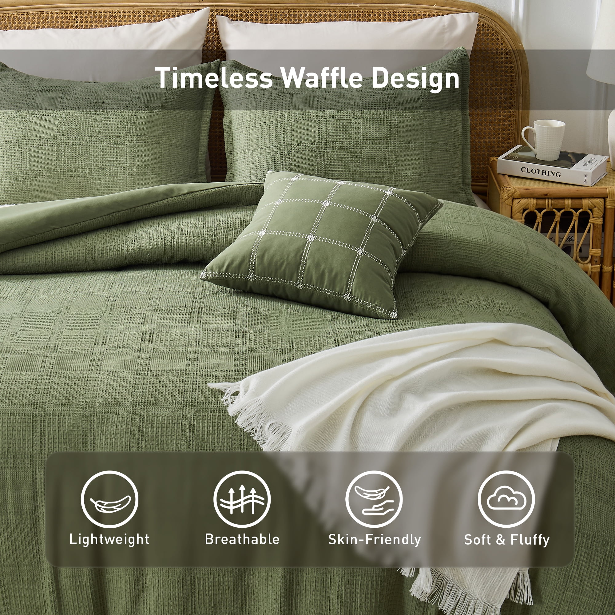 Regency Heights Waffle Weave Duvet Cover Set Full/Queen Size, Breathable Duvet Cover Set for All Season, 3-Piece Textured Bedding Set with Pillow Shams, Green