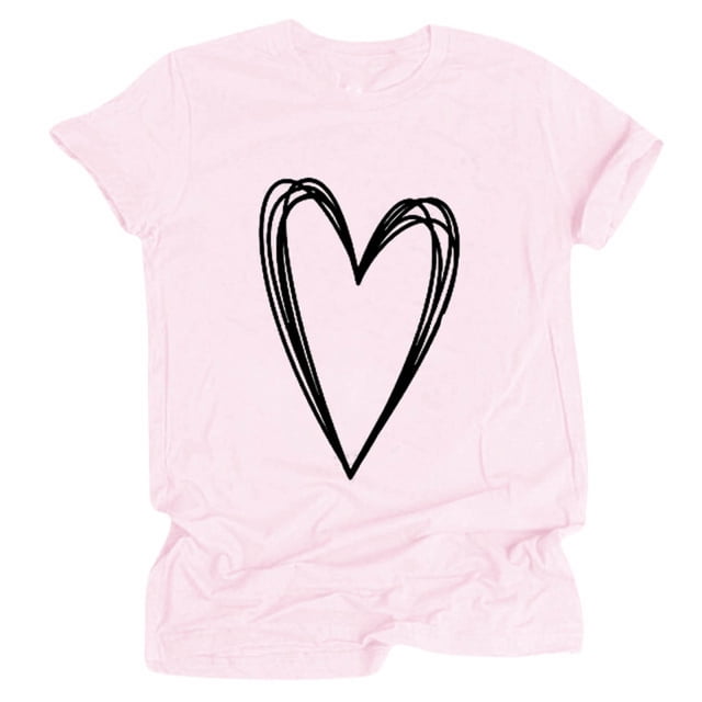 Hauts d'Été pour Femmes 2023 Hauts pour Femmes Col Rond Manches Courtes T-Shirt Imprimé Cœur Blouse Basique Décontractée