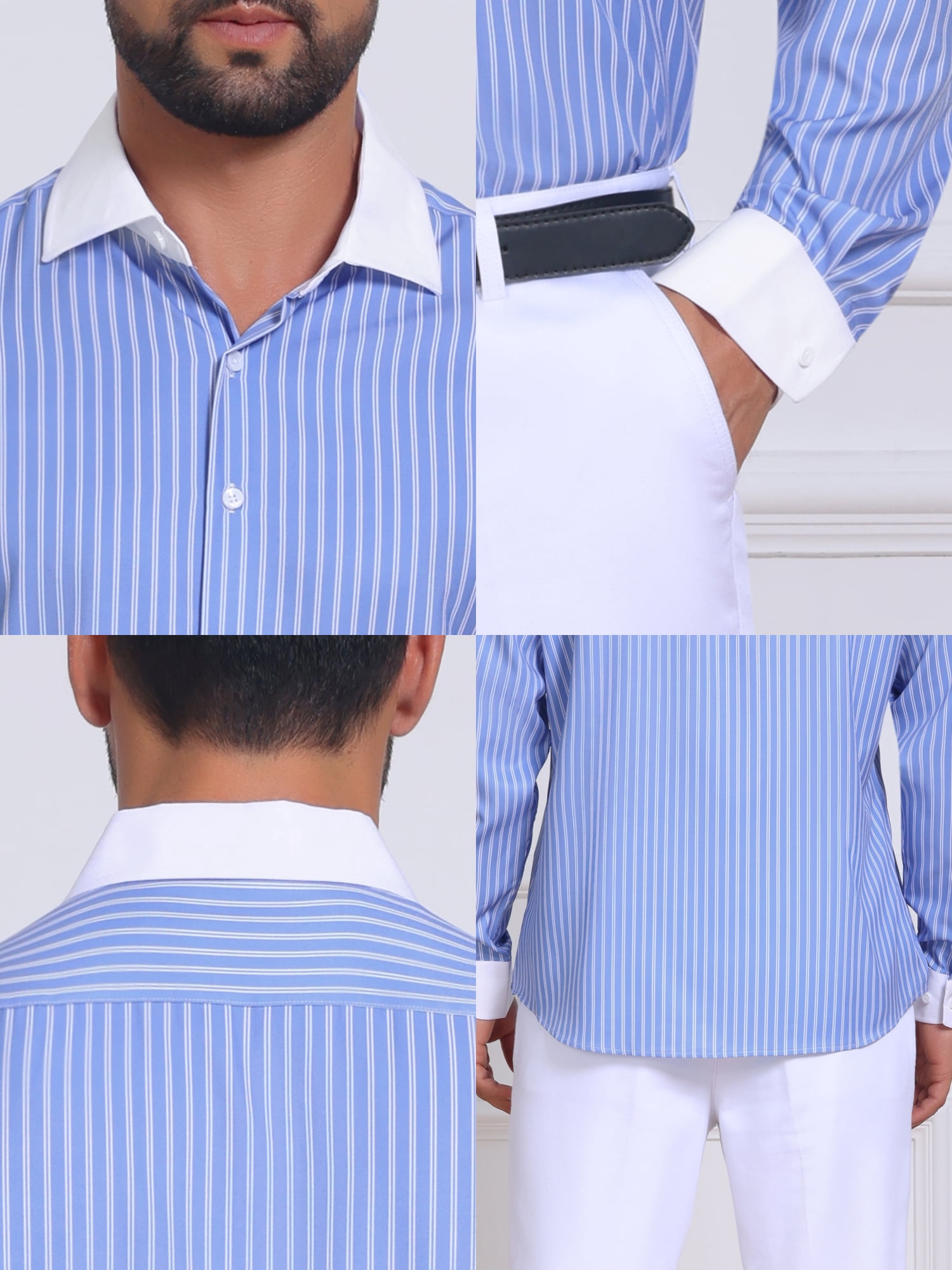 DARING DIVA Men's Striped Button Down Long Sleeve Stretch Shirts S Dark Blue