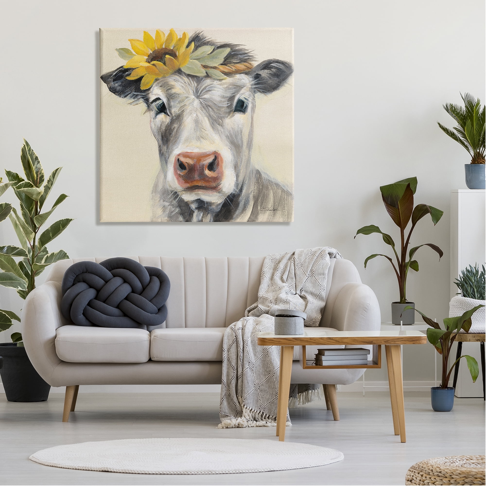 Stupell Industries Cow with Sunflower Crown Animals & Insects Painting Gallery Wrapped Canvas Print Wall Art, 36 x 36