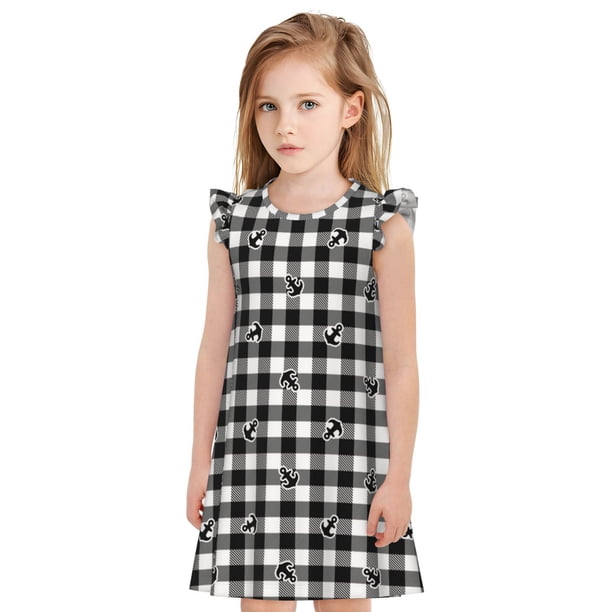 Balery Black Tartan Plaid Camisón de princesa para niñas, pijama de algodón con mangas abullonadas, suave y bonito.-X-Large