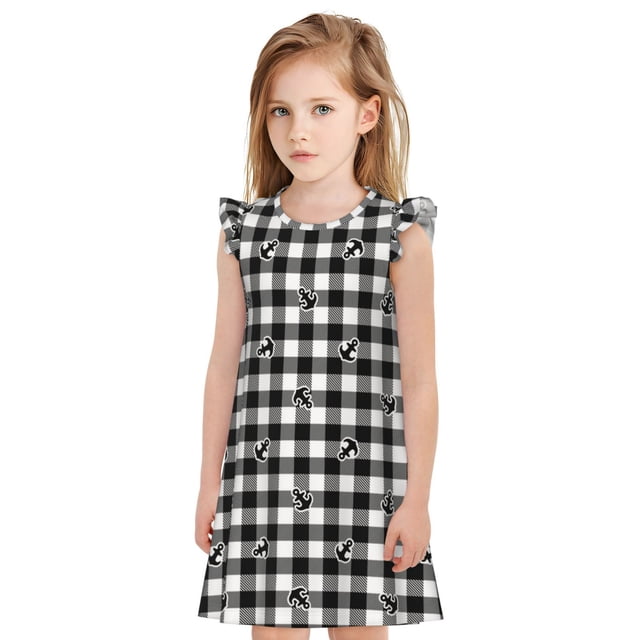 Fotbe Black Tartan Plaid Vestido de Dormir para Niñas de 3 a 10 Años, Mangas Cortas, Estilo Princesa, Pijama Camisón con Mangas Voladas-XX-Large