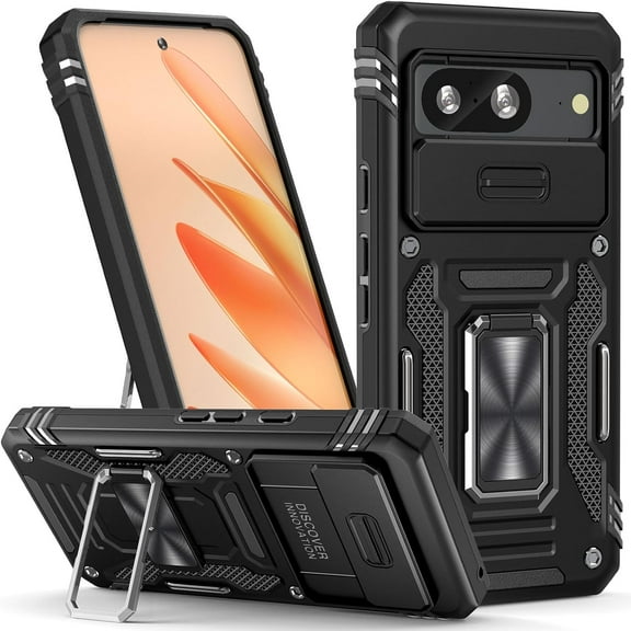 Military Grade Ring Holder Case with Camera Lens Cover for Google Pixel 8 - Black