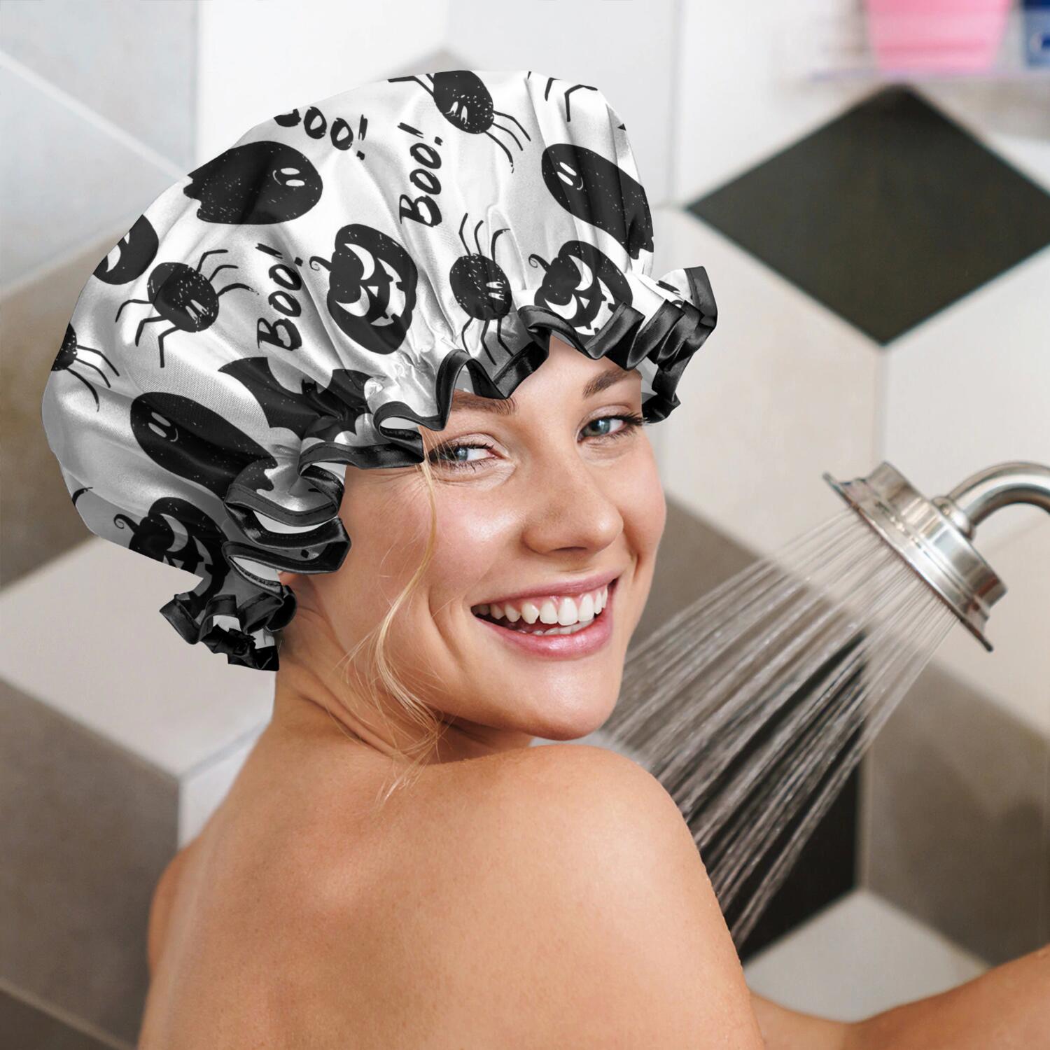 Shower Caps,Halloween Black Ghosts Bats and Pumpkins Waterproof Shower Cap for Women 4 Pieces,Double Reusable Hair Cover for Shower PEVA Elastic Stretch Hem