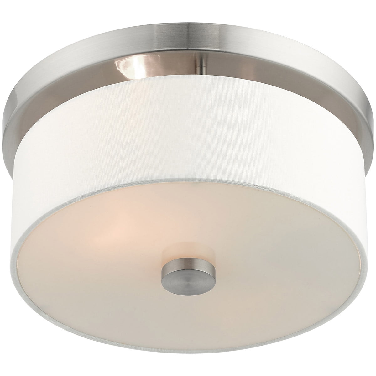 2 Light Brushed Nickel Ceiling Light fixture with Hand Crafted Off-White Fabric Hardback Shade
