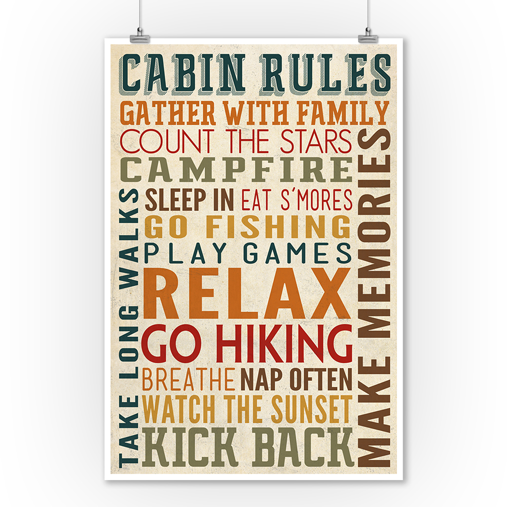 Cabin Rules Typography Lantern Press Artwork (9x12 Art Print, Wall