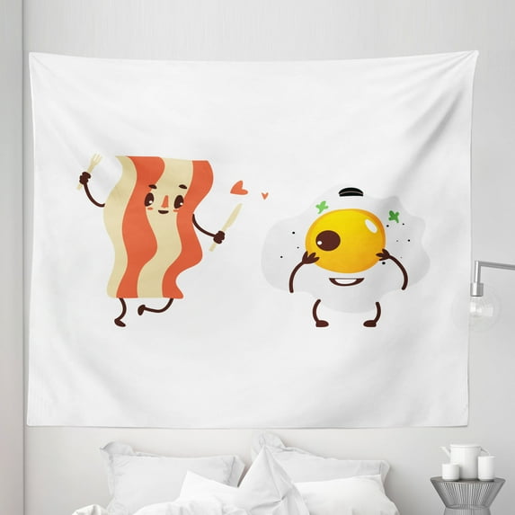 Bacon Tapestry, Funny Cartoon Characters of Side up Fried Bacon and Egg Smiling Breakfast, Fabric Wall Hanging Decor for Bedroom Living Room Dorm, 5 Sizes, Multicolor, by Ambesonne