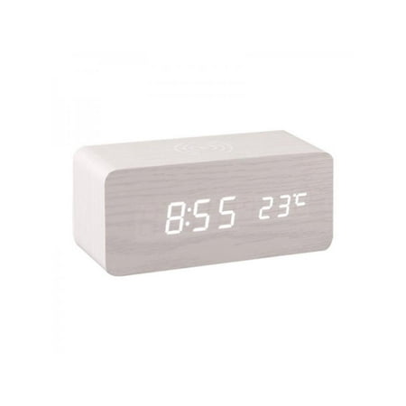 Dragonus Modern Wooden Electric Digital LED Desk Alarm Clock Thermometer Wireless Charger