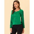 thumbnail image 3 of Allegra K Blusa elegante de satén con cuello en forma de corazón y manga larga para mujer Verde S, 3 of 5