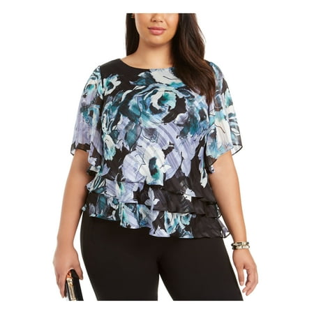 ALEX EVENINGS Womens Black Floral Bell Sleeve Jewel Neck Top Size 2X