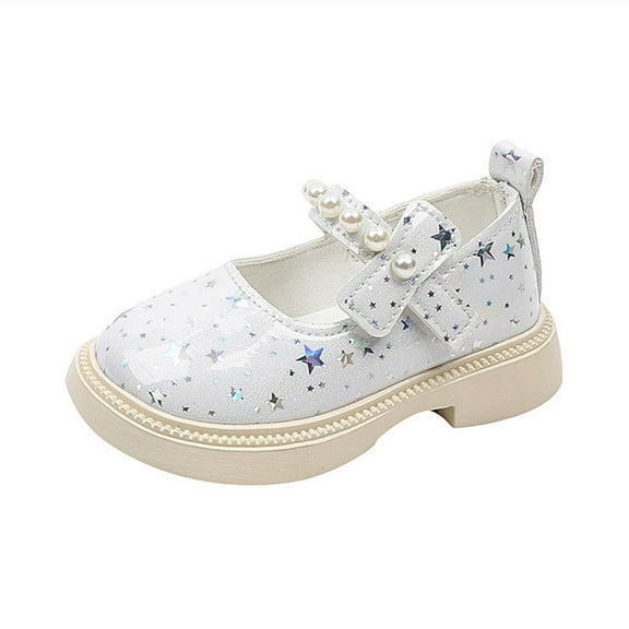 GiLiling Girls Dress Shoes Mary Jane Flats, Star Print PU Leather Shoes with Pearl Strap, Low Block Heel Princess Footwear for Party and Daily Wear (White, 3.5-4 Years)