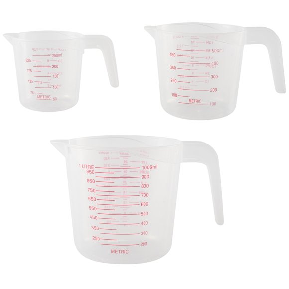 3pc Plastic Measuring Jug Set Large 4 Cup, 2 Cup and 1 Cup Capacity BPA Free Measuring Beakers with Angled Grip Essential Kitchen Accessories