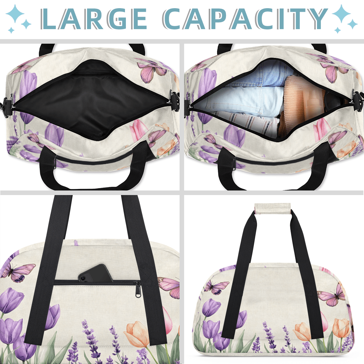 Herdesigns Sports Duffle Bags Travel Duffle Bag Gym Bag Tulip Cute Floral Butterflie Weekender Travel Bag Waterproof Overnight Bag Carry On Travel Tote Bag Dance Bags