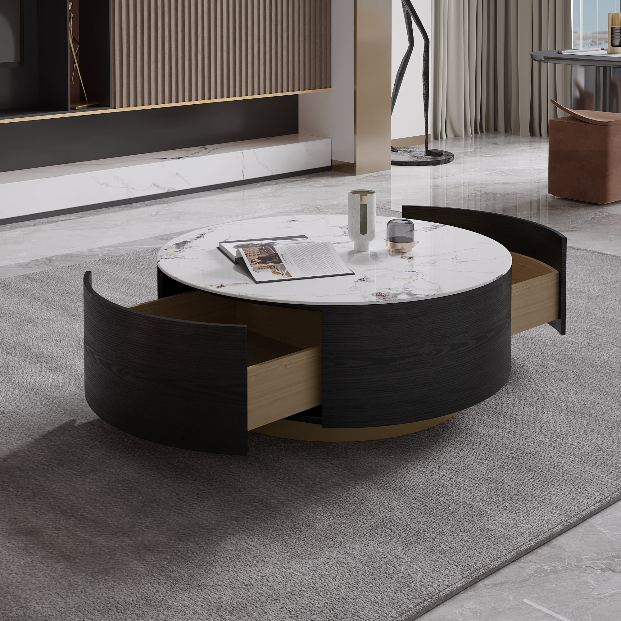 Magic Home Modern Round Coffee Table with Two Drawers,Circle Coffee Table Space-Saving Multiple Purpose for Living Room,dining room and home office,Black White 2 Colors