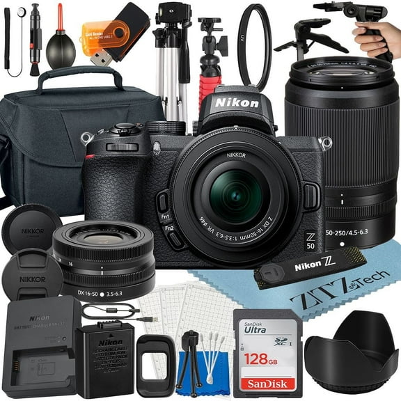 Nikon Z50 Mirrorless Camera Bundle with with NIKKOR 16-50mm   DX 50-250mm Zoom Lens   128GB SanDisk Memory Card   Case   Tripod   ZeeTech Accessory