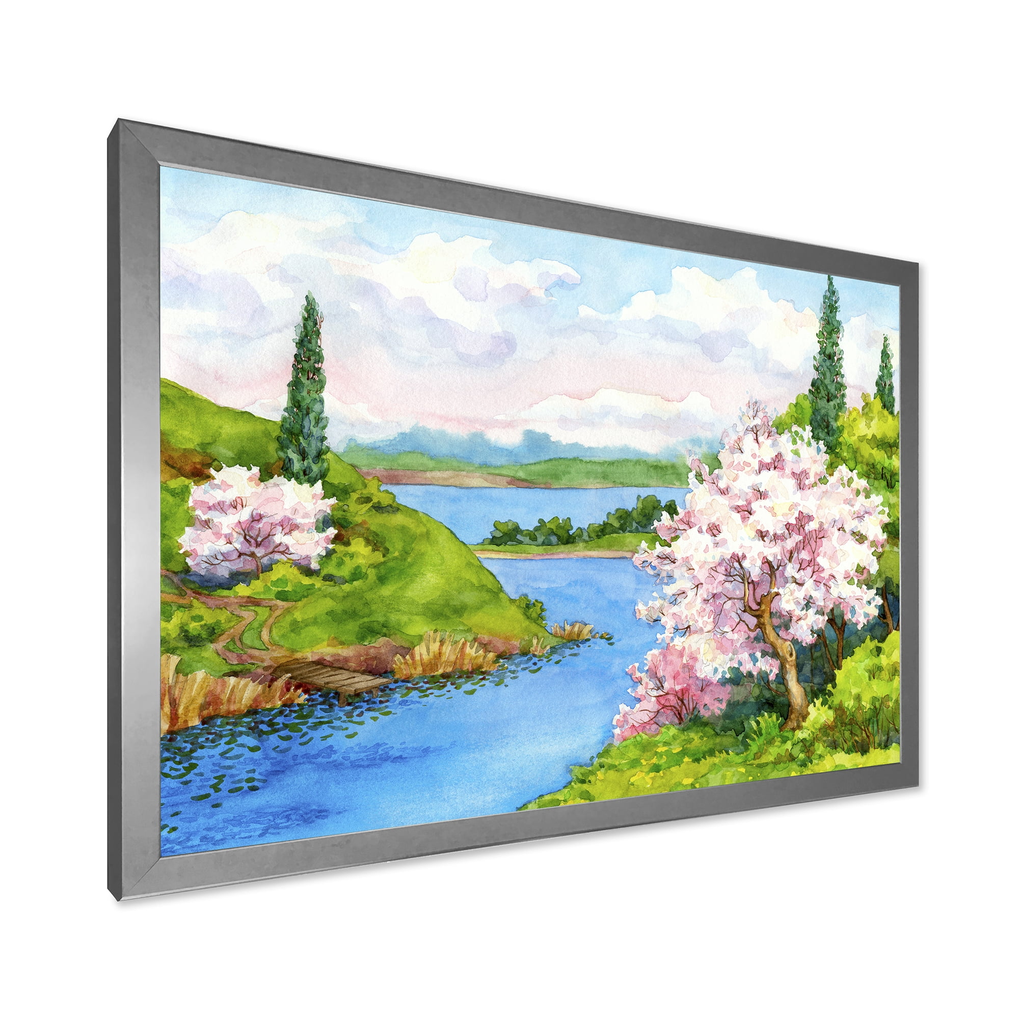 A Bright Blue Sky Over Spring Landscape 40 in x 30 in Framed Painting Canvas Art Print, by Designart