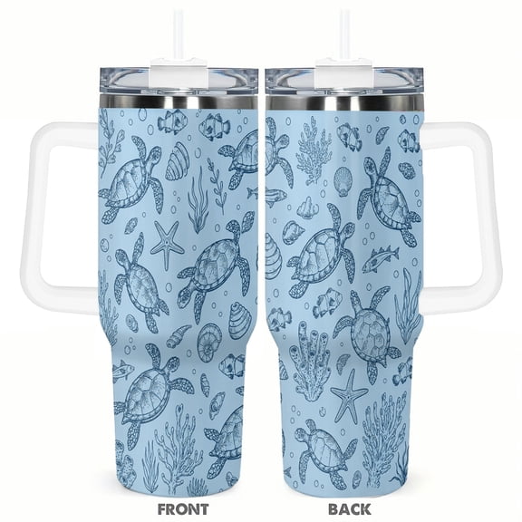 40oz Sea Turtle Ocean Tumbler with Handle Stainless Steel Insulated Travel Coffee Cup Beach Theme Gift