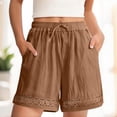 thumbnail image 2 of POROPL Womens Shorts,Cotton Linen Elastic Waist Drawstring Lace Trim Shorts with Pockets,Khaki, 2 of 8