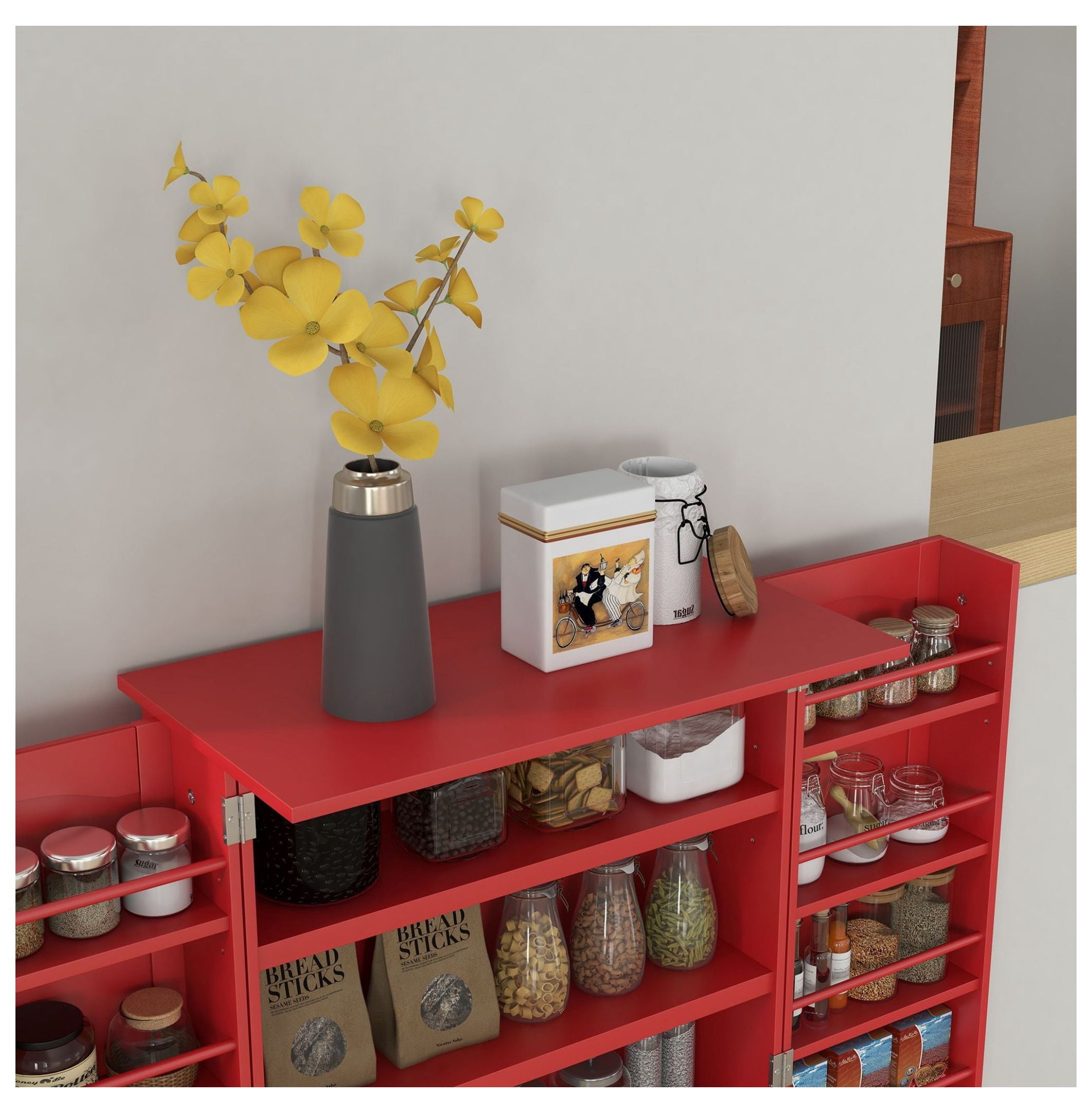 Kitchen Sideboard Cabinet, 40.9" Freestanding Pantry Storage, Red Finish, 5-Tier Shelves, Double Door Kitchen Organizer for Dining Room