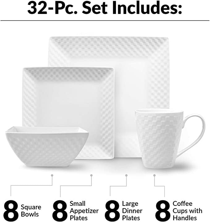 Coffee Cups 32 Pc White Dinner Plates Bowls Square Pure Porcelain Dishes Set