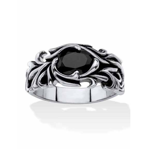 PalmBeach Jewelry Men's Oval-Cut Black Crystal Scrolling Leaf Ring in Antiqued Stainless Steel