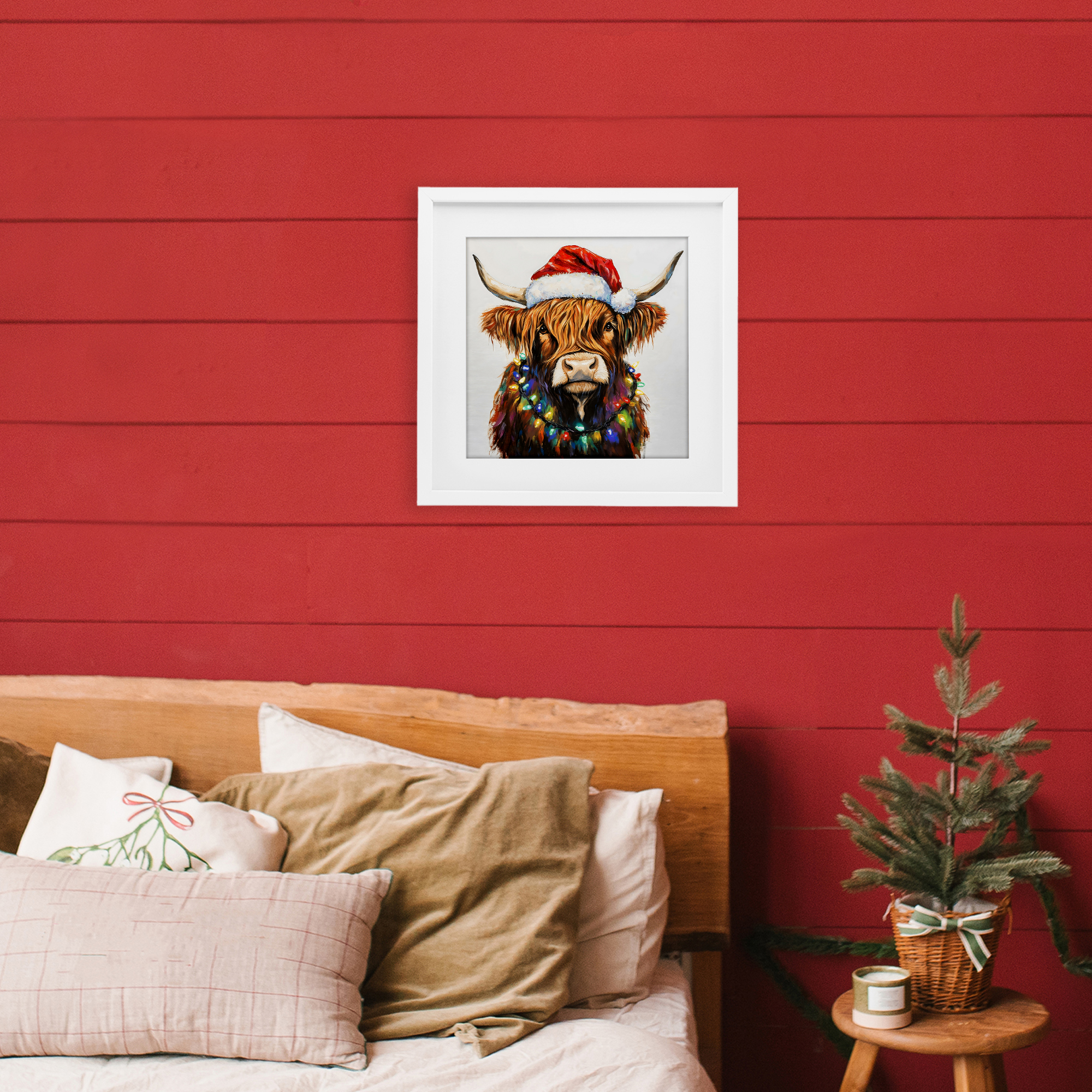 Holiday Lights Bedecked Highland White Framed Print Under Glass, design by Petal Prints Design