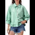 thumbnail image 3 of Camisa A Rayas con Botones, 3/4, Hombros Caídos, Corte Holgado, Dobladillo con Volantes, para Mujer Verde M, 3 of 6