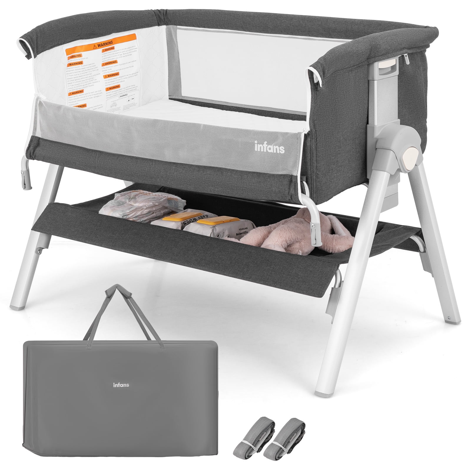 OLAKIDS Baby Bassinet Bedside Crib, Newborn Sleeper w/Large Storage Basket, Adjustable Heights, Detachable &Washable Mattress, Breathable Mesh, Straps, Easy Moving Bed Side (Misty Grey)