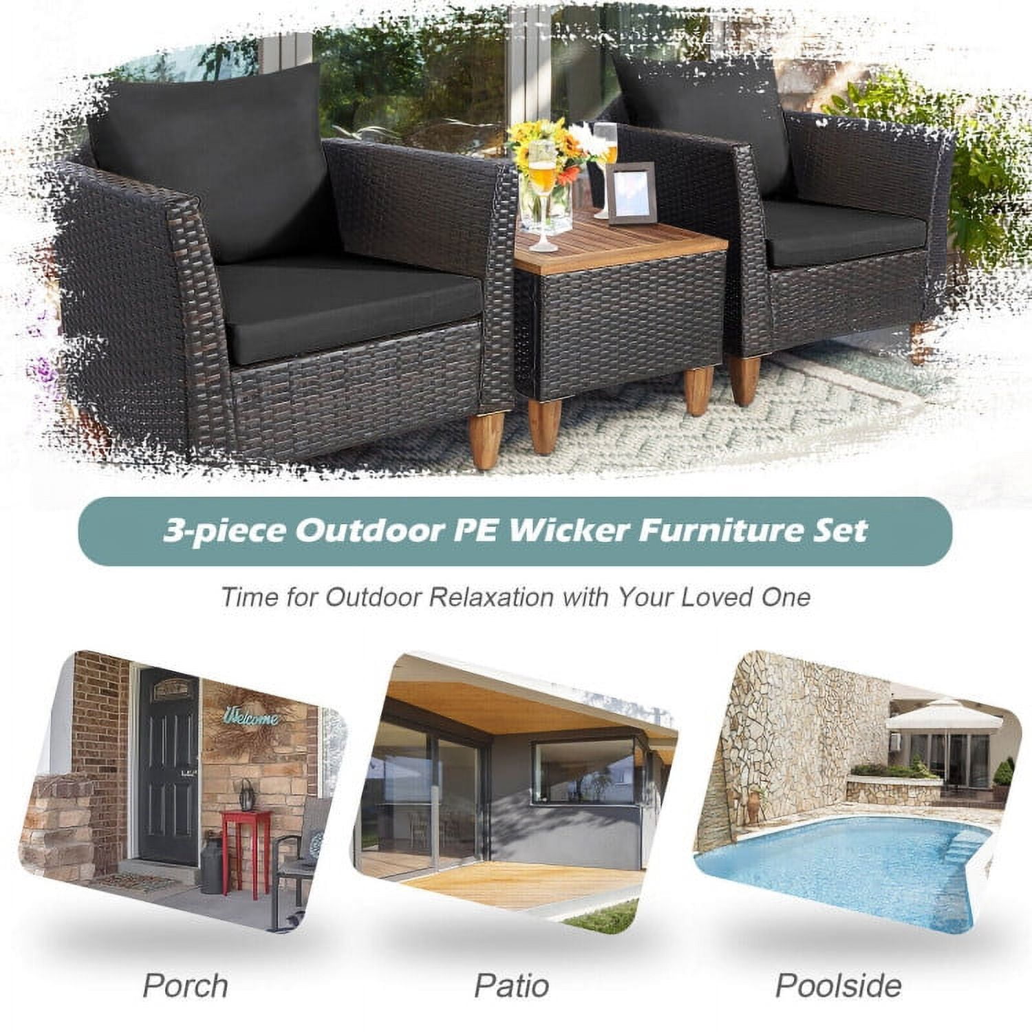 Aimee Lii 3 Pieces Patio Rattan Bistro Furniture Set with Wooden Table Top, Outdoor Patio Furniture, Black